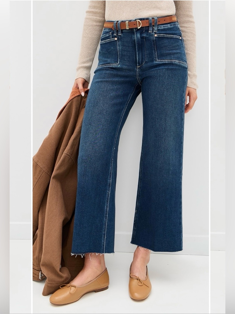 NWT Paige Anessa High Rise Wide Leg Jeans With Inset Pockets Raw Hem Size 26